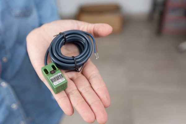 Primer plano de una mano que sostiene un sensor electrónico verde con un cable negro enrollado alrededor de él.