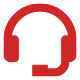 Icono rojo de unos auriculares que cubren las orejas con micrófono, sobre un fondo gris claro.