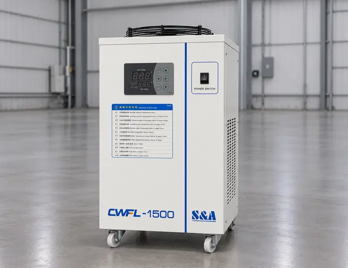Enfriador industrial de agua blanco con la referencia «CWFL-1500», provisto de un panel de control digital, un interruptor de encendido y el logotipo de S&A, colocado sobre ruedas en un gran almacén vacío.