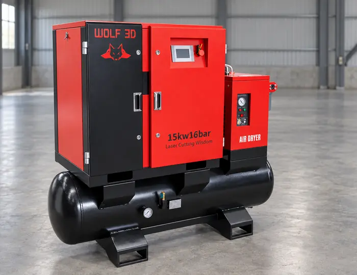 Una unidad de secado de aire WOLF 3D, de color rojo y negro, con la indicación «15 kW, 16 bar», se encuentra sobre un depósito negro en un almacén industrial vacío.