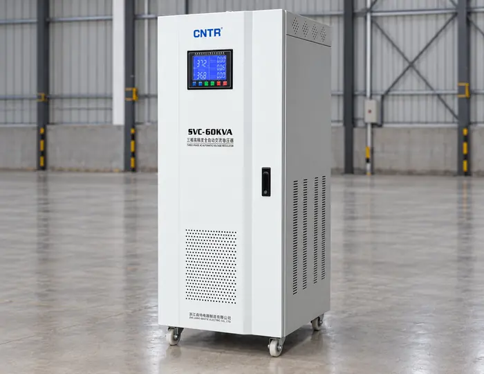 Un estabilizador de tensión industrial de color blanco, con pantalla digital y rejillas de ventilación, se encuentra sobre ruedas en un gran almacén vacío.